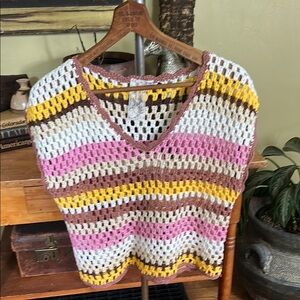 Sadie & Sage Multicolor Crochet Open Knit Striped Top